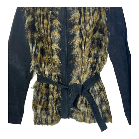 C2. WILSON LEATHER MAXIMA SUEDE WITH FAUX FUR JACKET WITH BELT SIZE MEDIUM BLACK - Picture 3 of 7